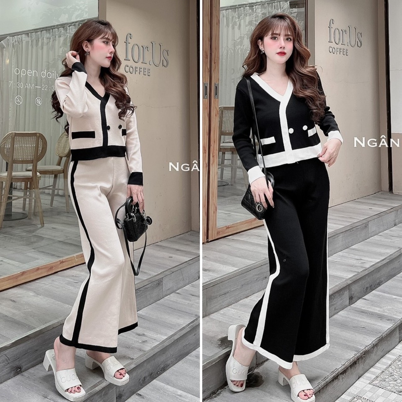 Set bộ len trơn viền cổ V 2 khuy