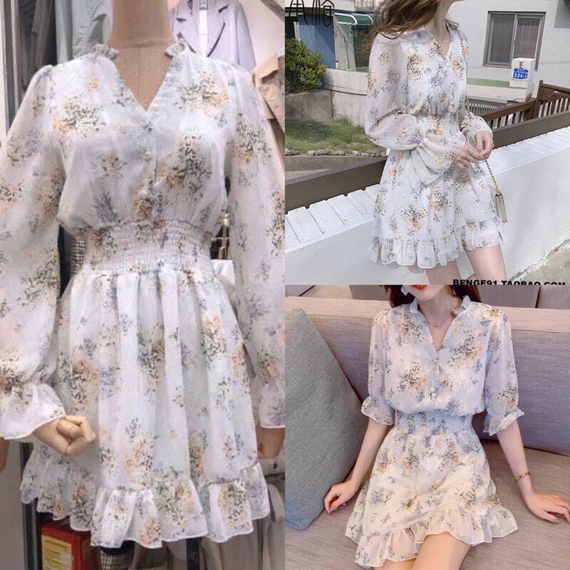 Váy hoa nhí Vintage đuôi cá dài tay có chun eo