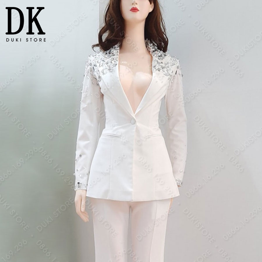 Vest thiết kế | áo vest bộ vest nữ màu trắng vai bồng được đính đá cực sang trọng vtk0010 - duki store
