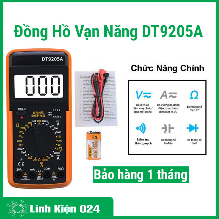 Đồng hồ đo điện vạn năng DT9205A, đo dòng điện, vôn kế có kèm pin 9V, bảo hành 1 tháng