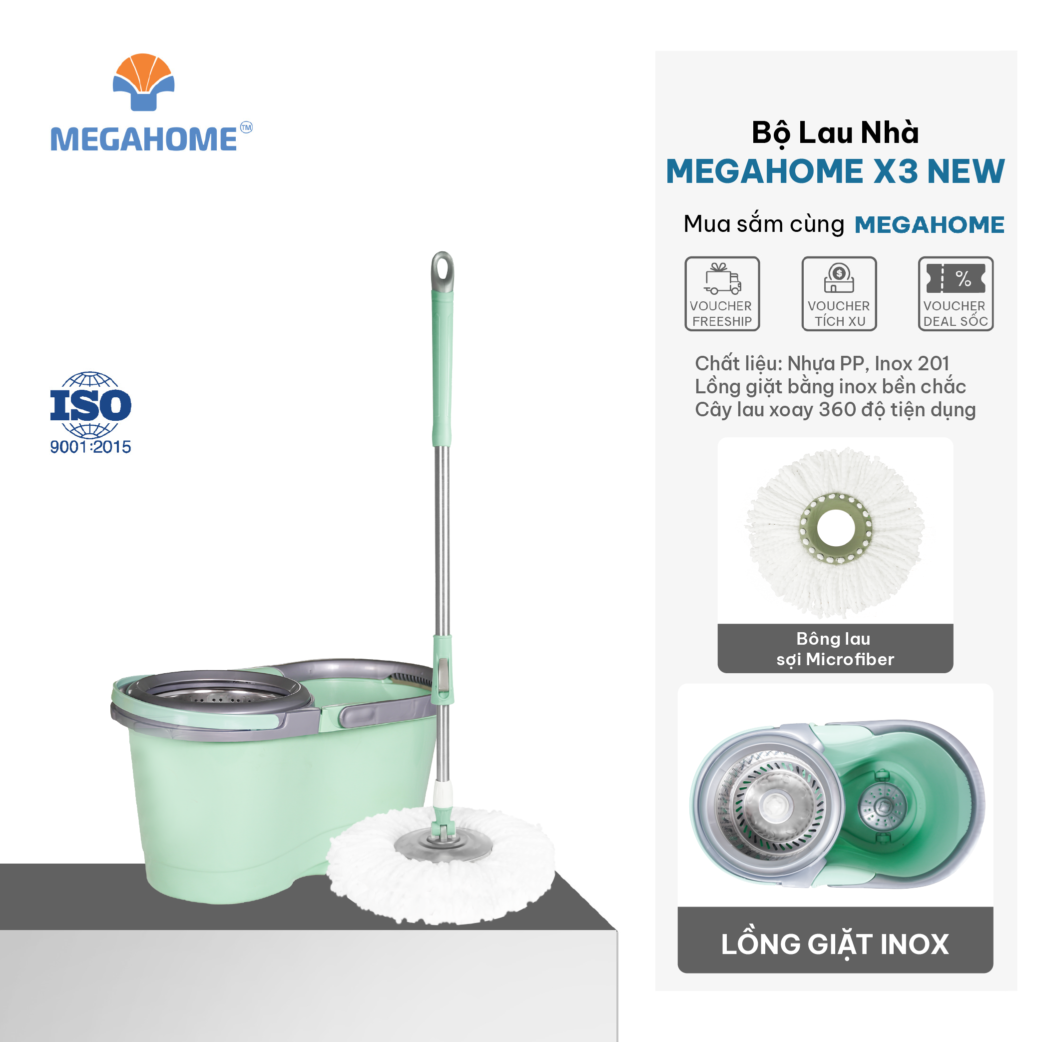 [Tặng 1 bông] Bộ Lau Nhà Megahome New X3, dung tích 16l, lồng vắt inox tháo rời, xoay 360 dộ