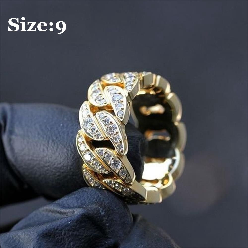 1 pc Solid 14K Yellow Gold Cuban Link Ring Fully Ice Out With White Diamond Ring Anniversary Gift Engagement Wedding Rings Jewelry Size 5-11