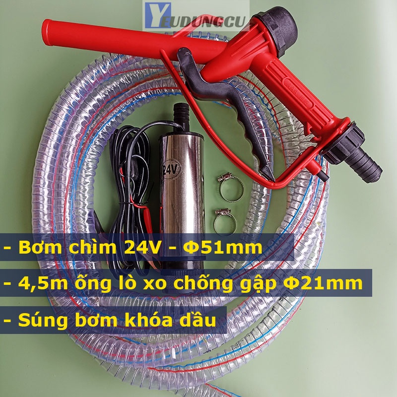Máy bơm dầu thả chìm trong phi 12V, 24V thân Phi51mm Công suất 60L/phút