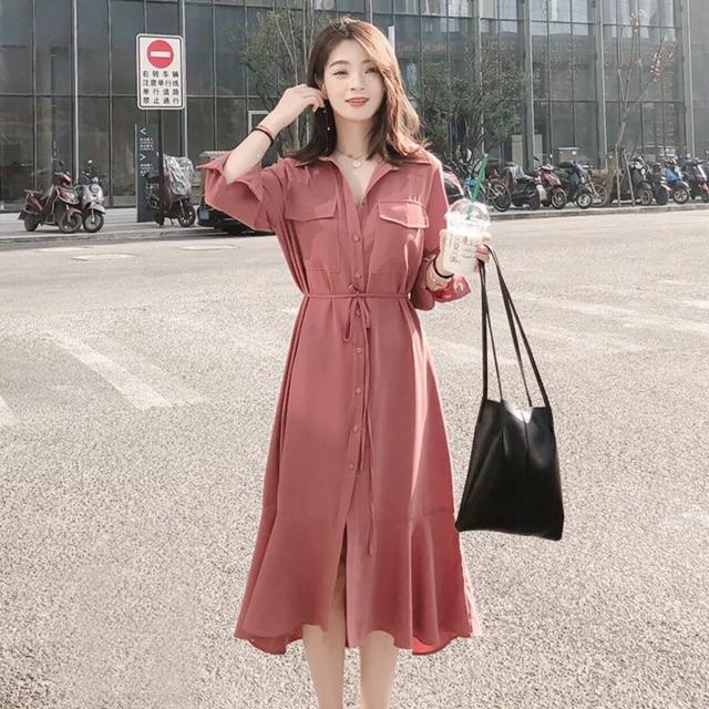 Đầm sm hồng ruốc túi hộp