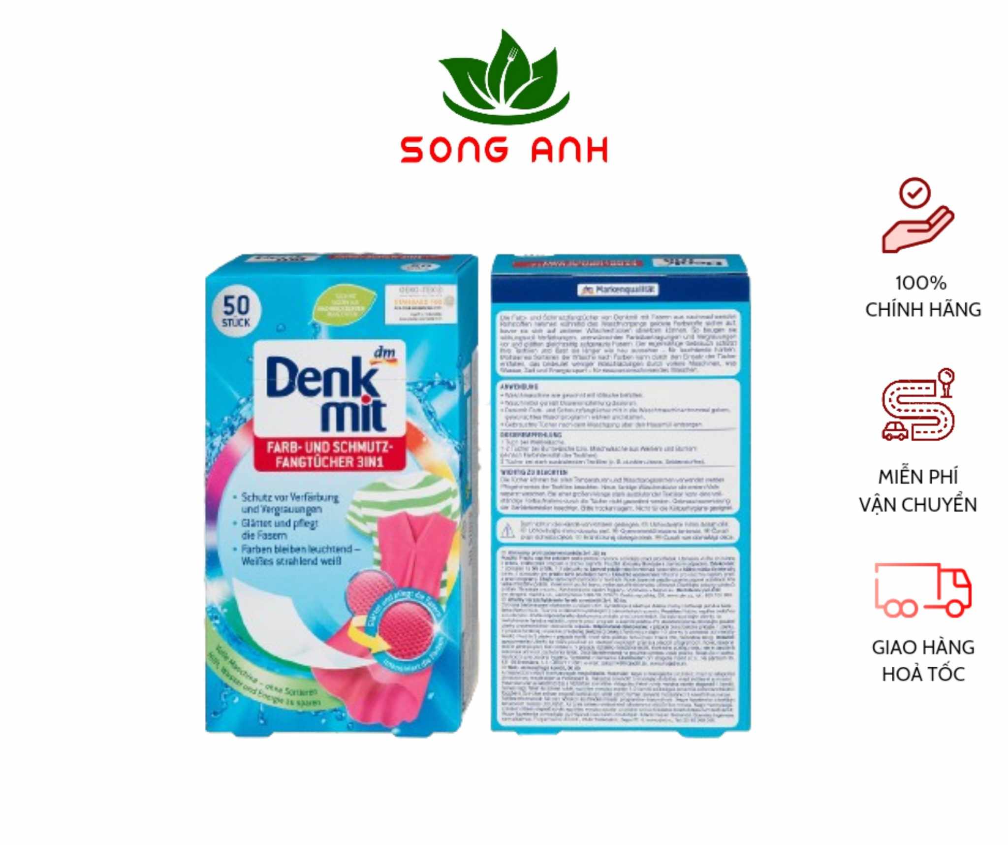 Hàng Đức - Hộp 50 miếng giặt chống phai và hút màu loang trên quần áo Denkmit, hàng chính hãng
