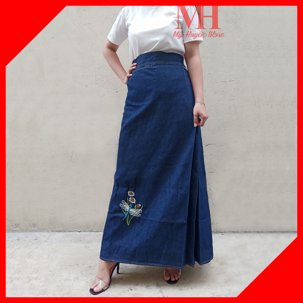 Váy Chống Nắng 1 Tà Chất Liệu Jean Cotton Dày Dặn Và Mềm Mại Thêu Họa Tiết Chuồn Chuồn Đơn Mỹ Huyền Store
