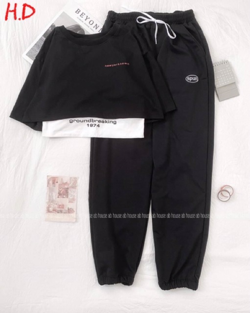 [HCM]Set 2 áo croptop kèm quần Spun bo gấu (Xám, Đen, Trắng)