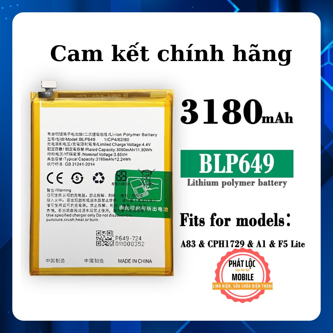 Pin oppo a83/ f5 lite chính hãng oppo sản xuất, mã pin blp649, bảo hành 3 tháng, tặng kèm bộ tua vít mở máy