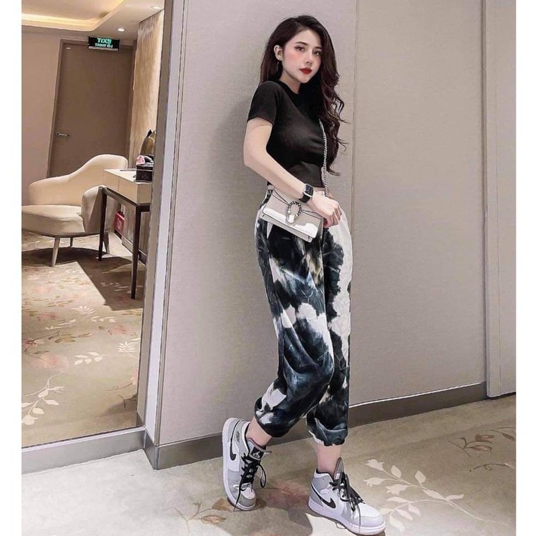 Set croptop loang thể thao cộc tay mix quần boom thụng siêu cá tính