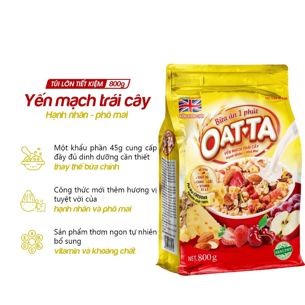 BÁO GIÁ YẾN MẠCH TRÁI CÂY OATTA 800G | Shopee Lazada Sendo Tiki mới nhất 20 Ngũ cốc Yến mạch trái cây Hạnh nhân - Phô mai OATTA túi 800g