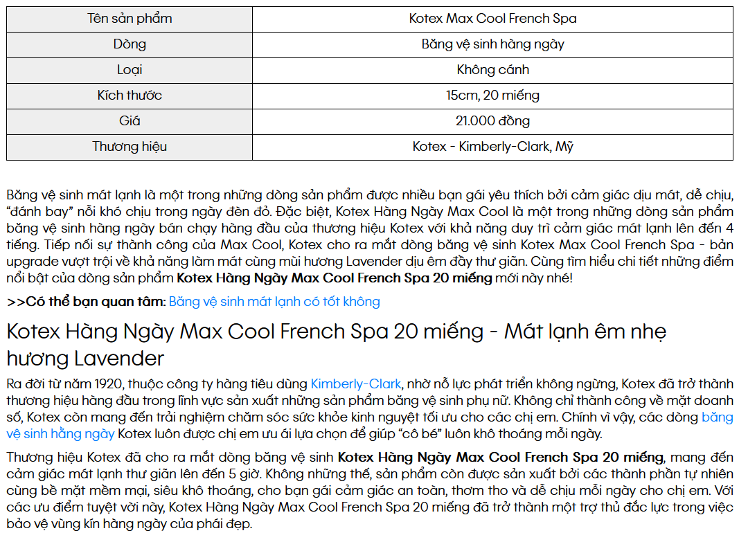 Combo 4 Gói Băng Vệ Sinh Kotex Max Cool Spa Siêu Mỏng Cánh 20 Miếng