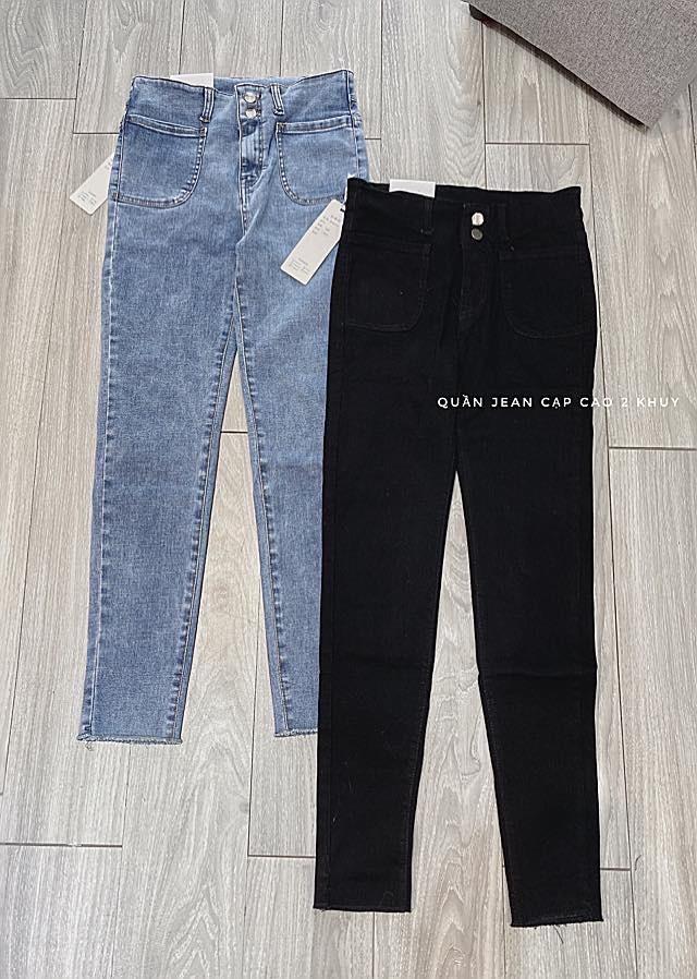 [Giá Hủy Diệt] Quần Bò Jean Cạp Cao Đính 2 Khuy Đen, Xanh