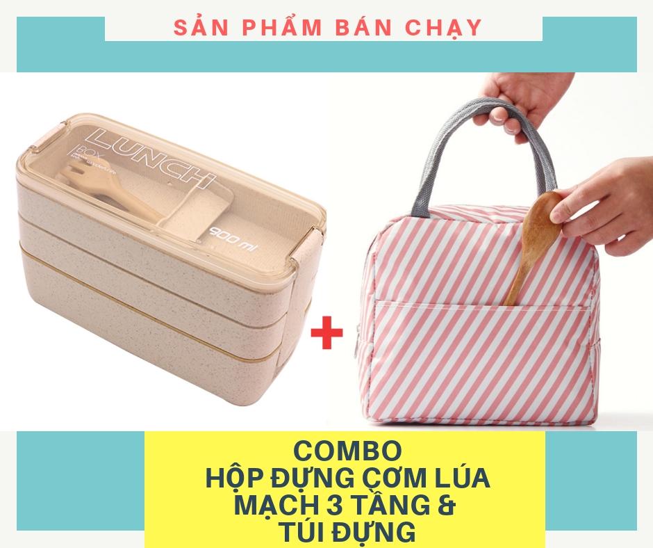 Combo hộp đựng cơm 3 tầng chất liệu lúa mạch & túi đựng
