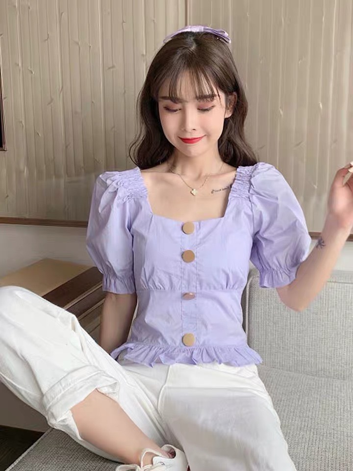 Áo voan cổ V nút trước tay ngắn dễ thương TTSLA0244