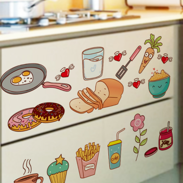 Decal trang trí tường - Đồ ăn và dụng cụ bếp