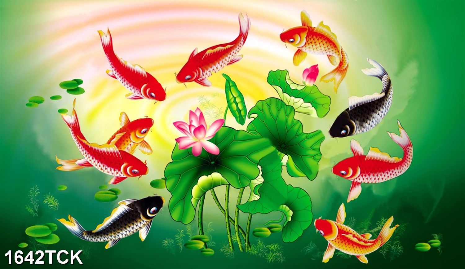 Tranh dán tường 3d cửu ngư quần hội hoa sen cá koi cá chép 1642tck