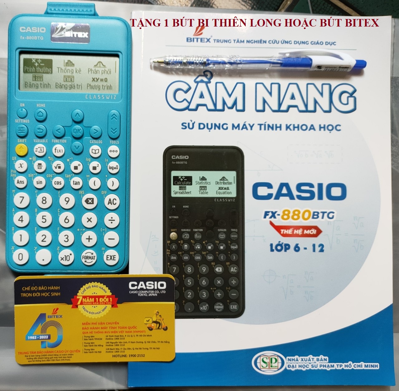 Combo máy tính Casio 880BTG Xanh và Cẩm nang HDSD
