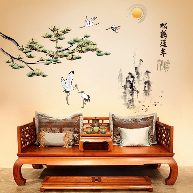 Tranh dán tường 3D Tùng hạc diên niên [Size 130x100cm]