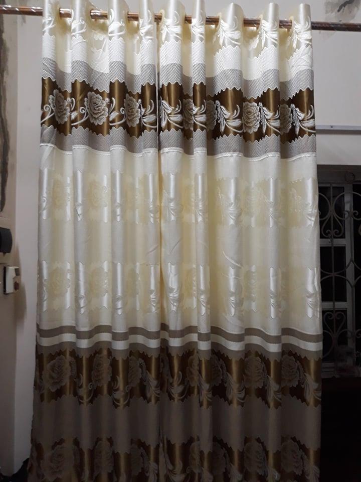 Bộ 2 rèm cửa chính cao cấp vải gấm rêu và vàng