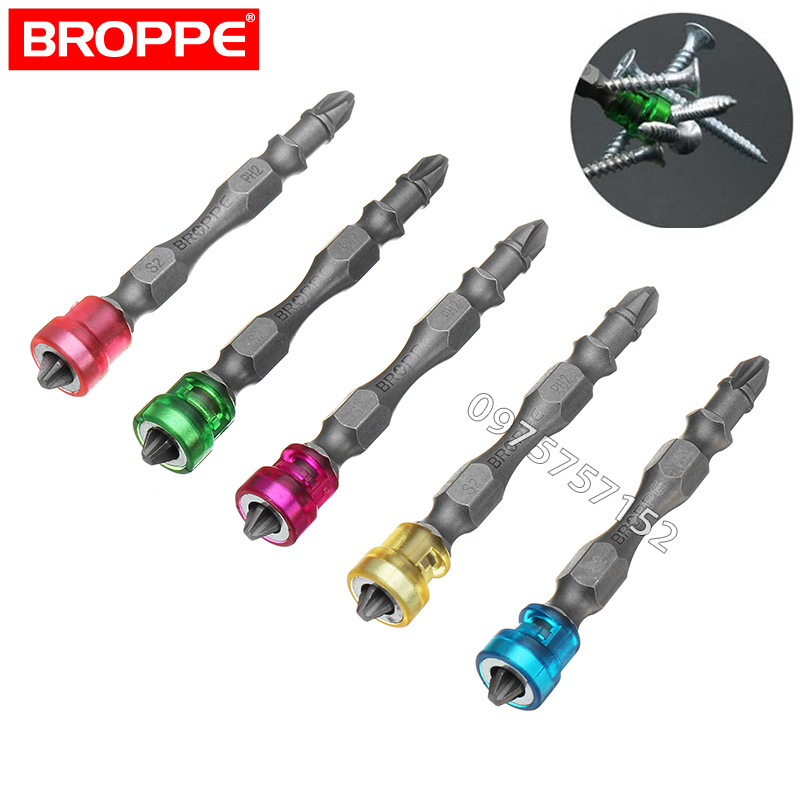 Bộ 5 mũi vít 4 cạnh có nam châm trợ lực PH2 dài 65mm BROPPE, thép hợp kim S2 nhập khẩu Đài Loan, độ cứng cao, chân lục giác 1/4, vòng từ mạnh mẽ ABS, đầu mũi bắn vít Bake có vòng giới hạn nam châm siêu hít, mũi vít PH2 x 65mm