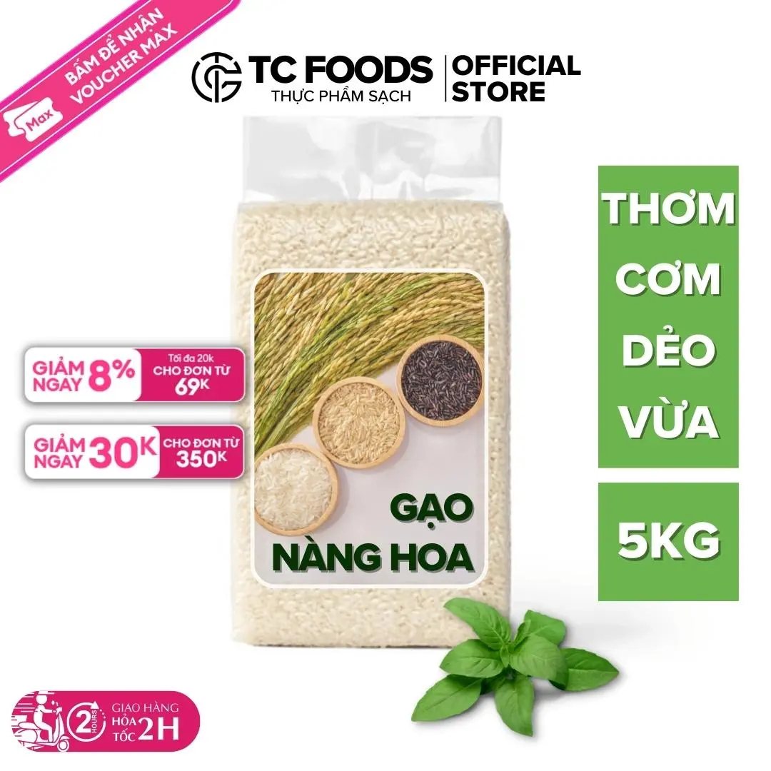 Gạo dẻo Nàng Hoa TC Foods ngon cơm để nguội không cứng, túi được hút chân không dễ dàng bảo quản