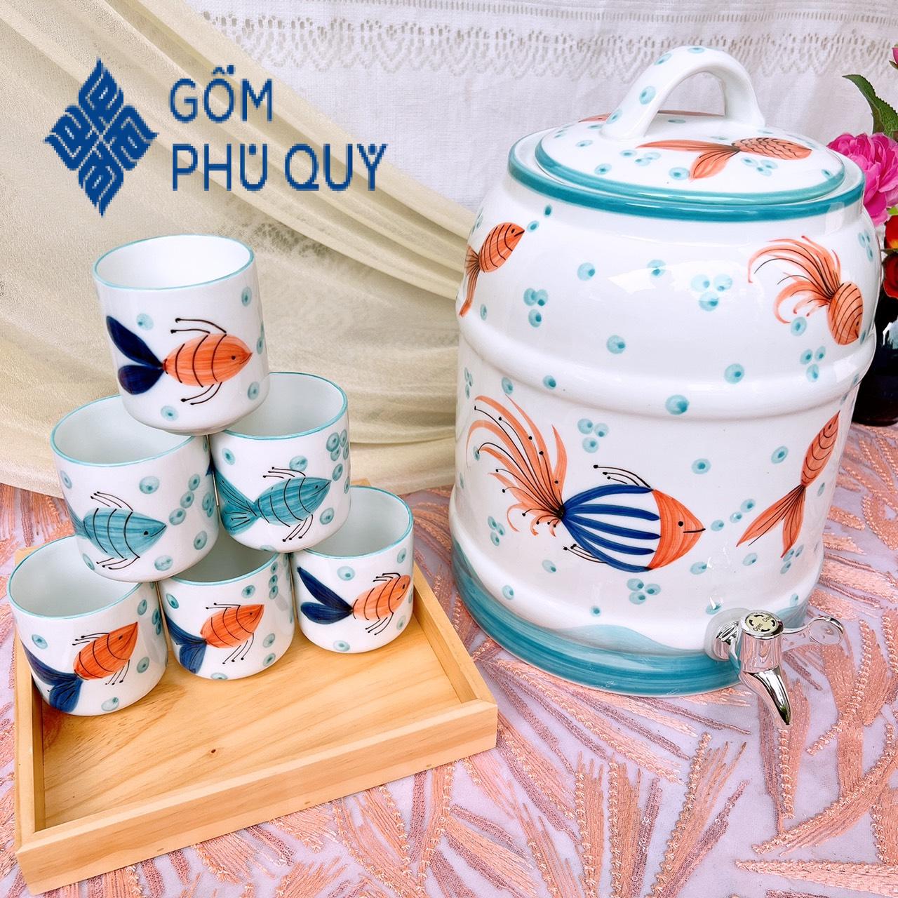 Bình đựng nước có vòi ⚱ gốm sứ bát tràng ⚱ bình 9 lit đựng nước lọc,bộ cá decor gomphuquy htg04