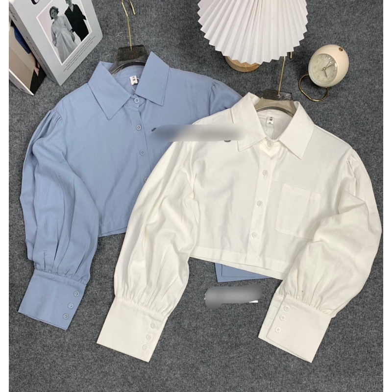 áo sơ mi croptop 2 màu xanh trắng