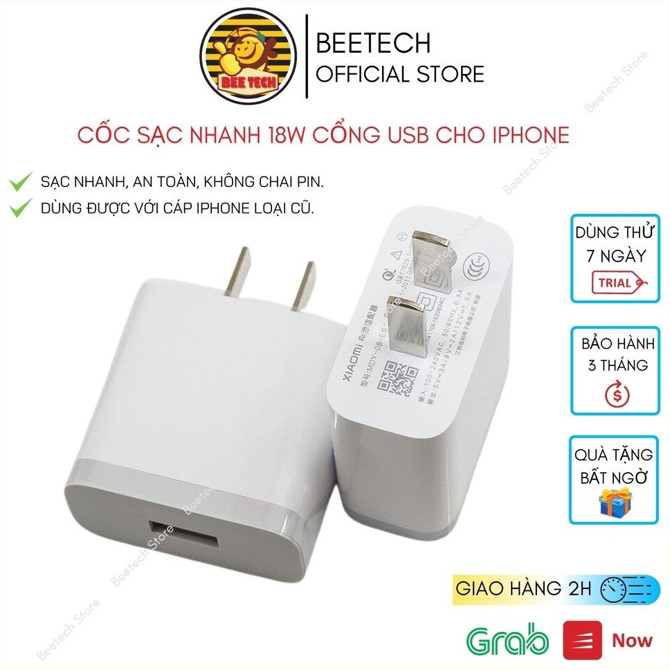 Củ sạc 18w cho iPhone cổng USB, Cốc sạc nhanh iPhone chính hãng - Beetech