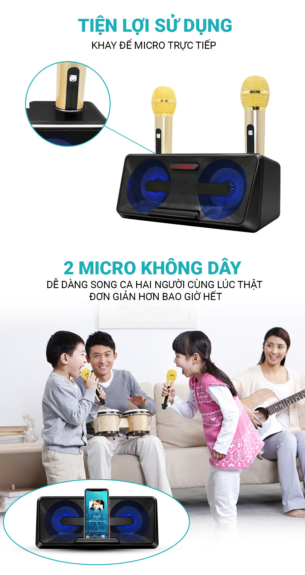 [HCM]Loa nhật công suất lớn Loa Thùng Bluetooth Hát Karaoke hay Loa Bluetooth Karaoke SDRD SD-301+ Kèm 2 Mic Không Dây.Loa karaoke bluetooth có giá đỡ điện thoại.