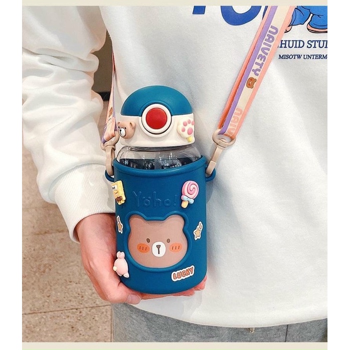 Bình nhựa Cute Cho Bé 600ML + Dây Đeo + Ticker