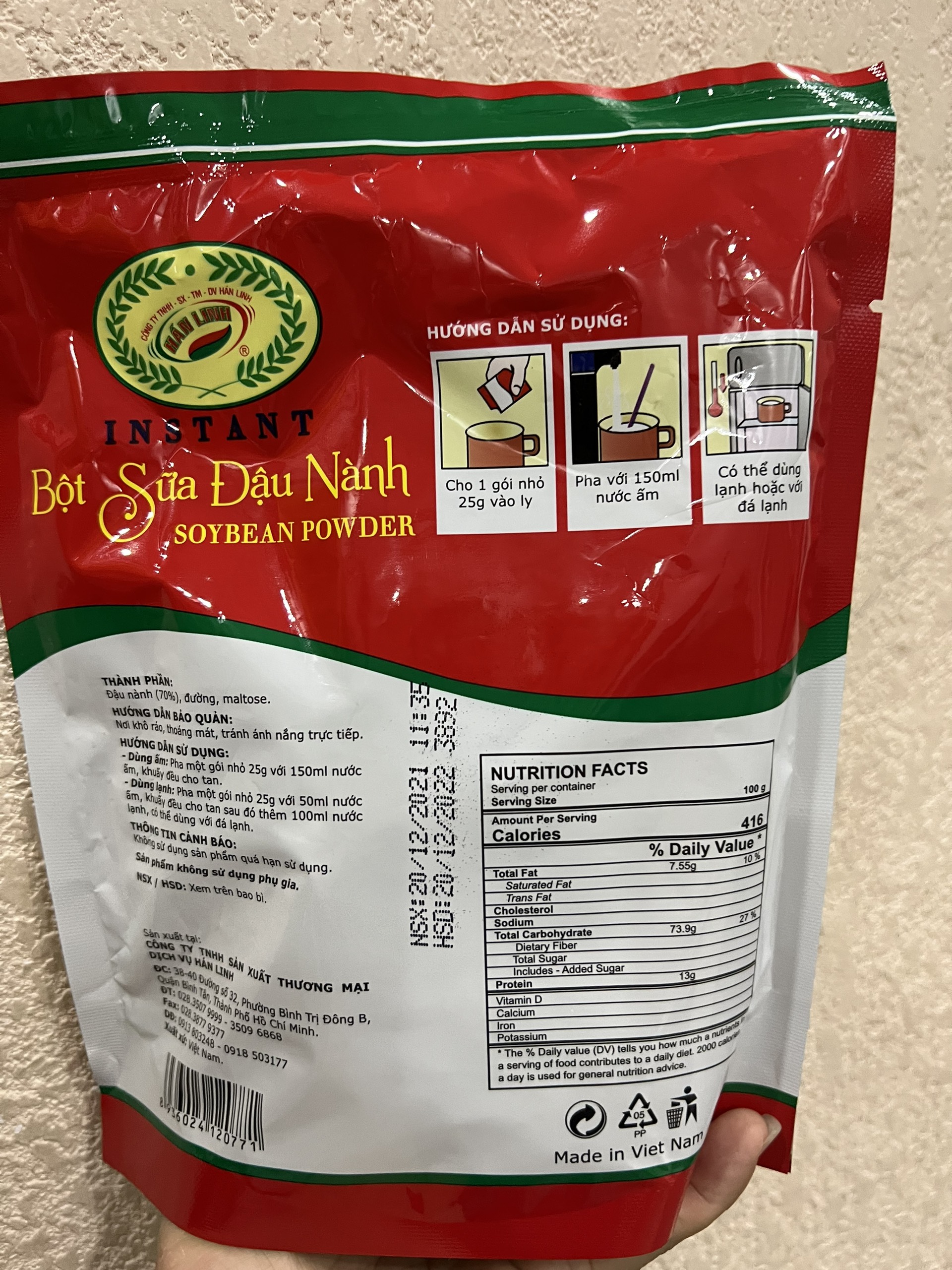 bột sữa đậu nành hán linh túi 200gram( túi 8 gói x 25g )