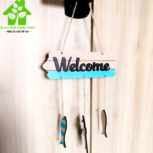 Bảng gỗ decor trang trí CỬA HÀNG 🚀WELCOME MÈO ÔM CÁ🚀 (tặng kem móc treo tường)