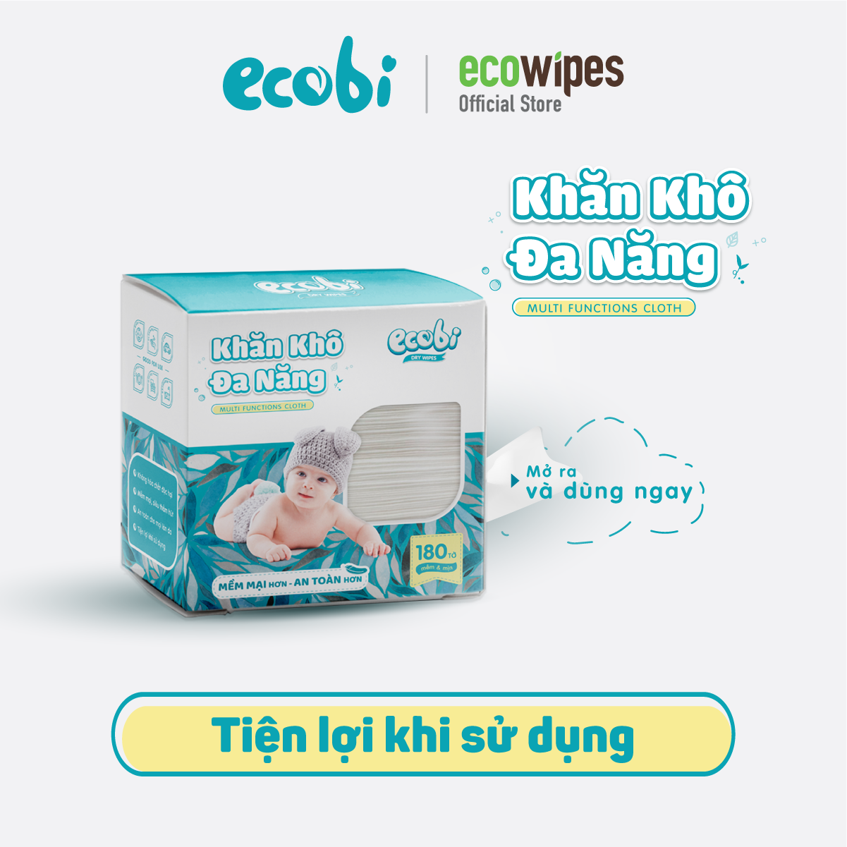 Khăn khô đa năng ECOBI HỘP 180 tờ - Dùng thay khăn sữa