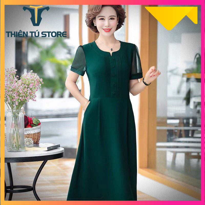 Đầm trung niên dự tiệc sang trọng Thiên Tú Store dáng suông dài đến cổ chân họa tiết trơn chất liệu chiffon voan tay áo ngắn cổ tròn phù hợp tiệc tối sản xuất tại việc nam -  LZ.01688M