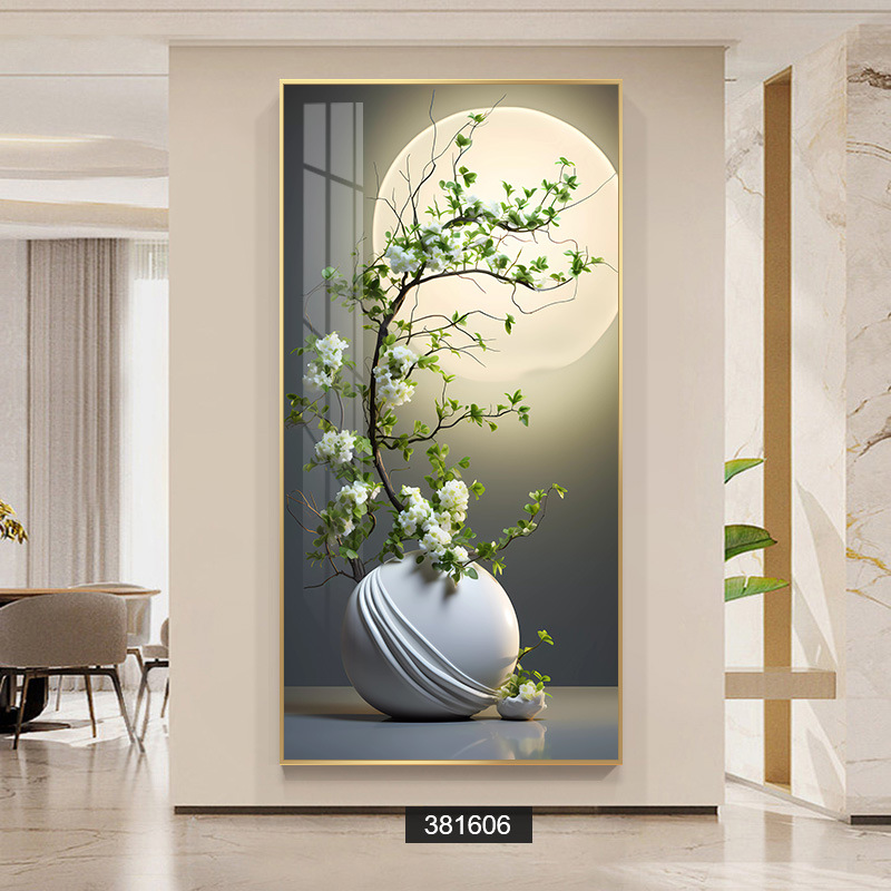 Tranh treo tường tráng gương bình hoa trắng dưới trăng tranh khổ dọc bo viền trang trí decor phòng khách