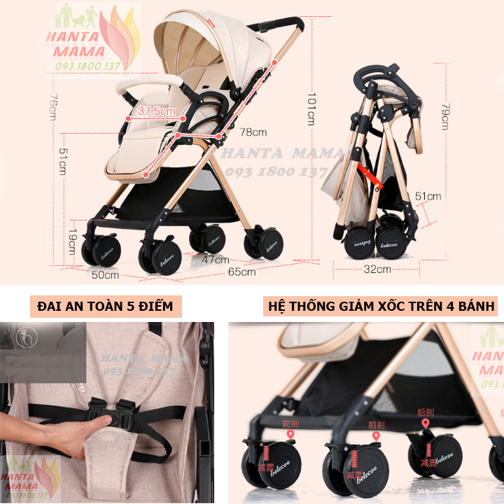 Xe đẩy Belecoo A8 2 chiều 3 tư thế, xe đẩy em bé