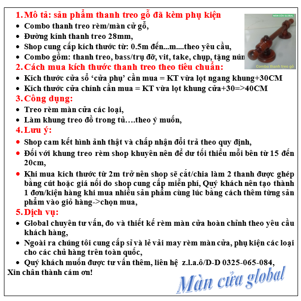 Thanh treo rèm màn cửa gỗ 1.3M