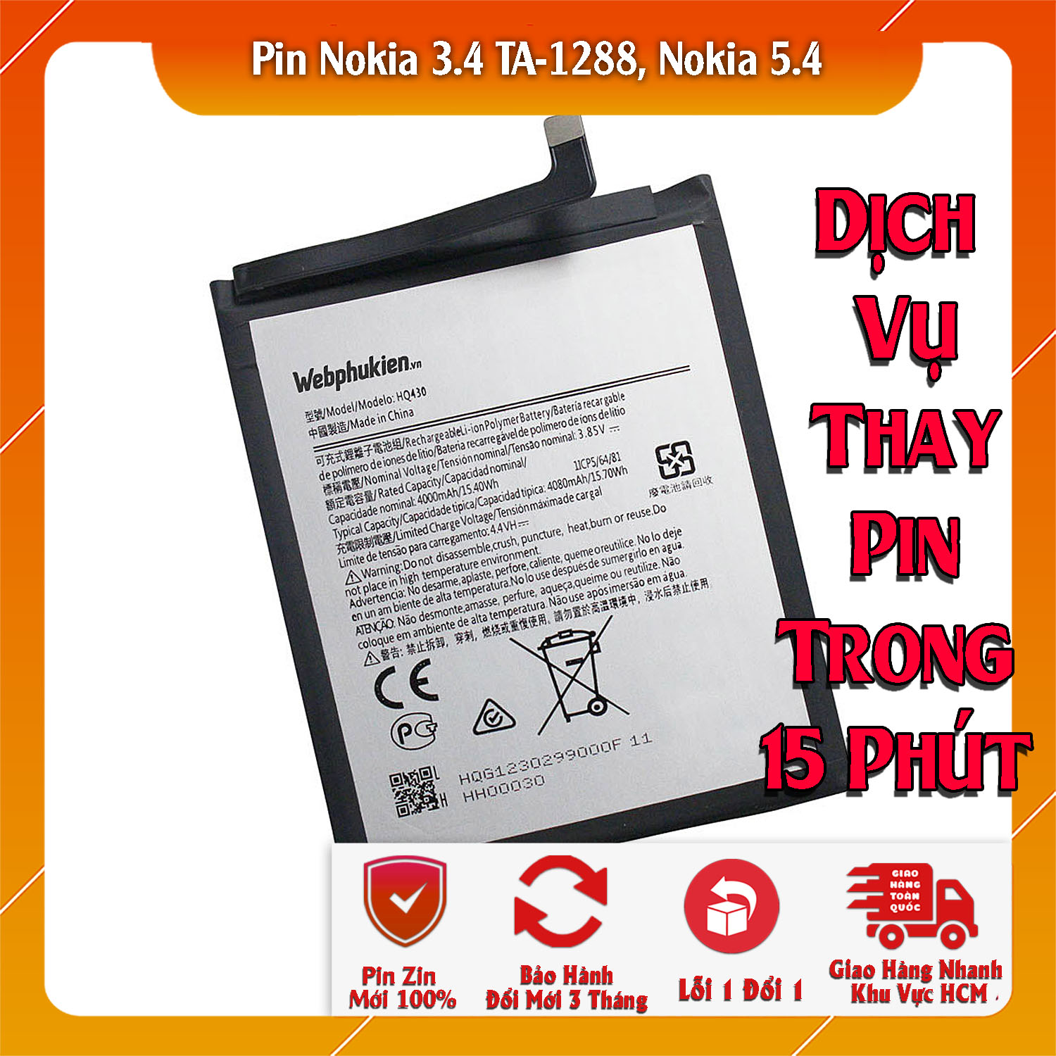 Pin scud cho nokia 2, nokia 2.2, nokia 2.3, nokia 3.1, nokia 3.2, nokia 3.4, nokia 5, nokia 5.2, nokia 5.3, nokia 5.4, nokia 6.2, nokia 7.2, wt24, hq430, lc440, hq510, lc620 he338 dung lượng 4000mah