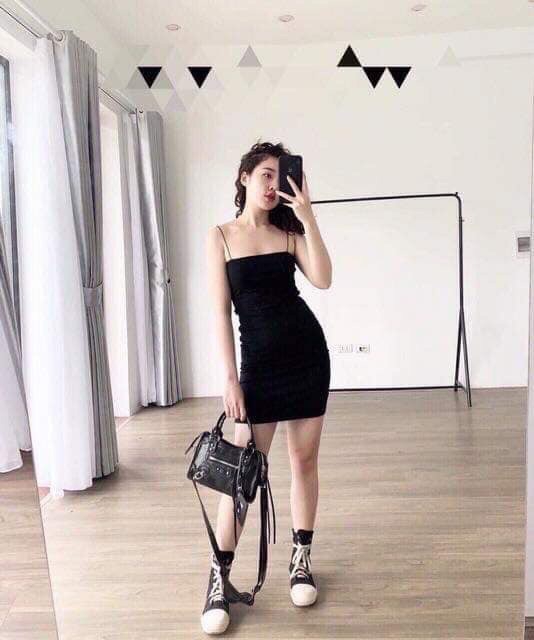 Đầm - Váy Ôm Body Hai Dây Sợi Bún Màu Đen