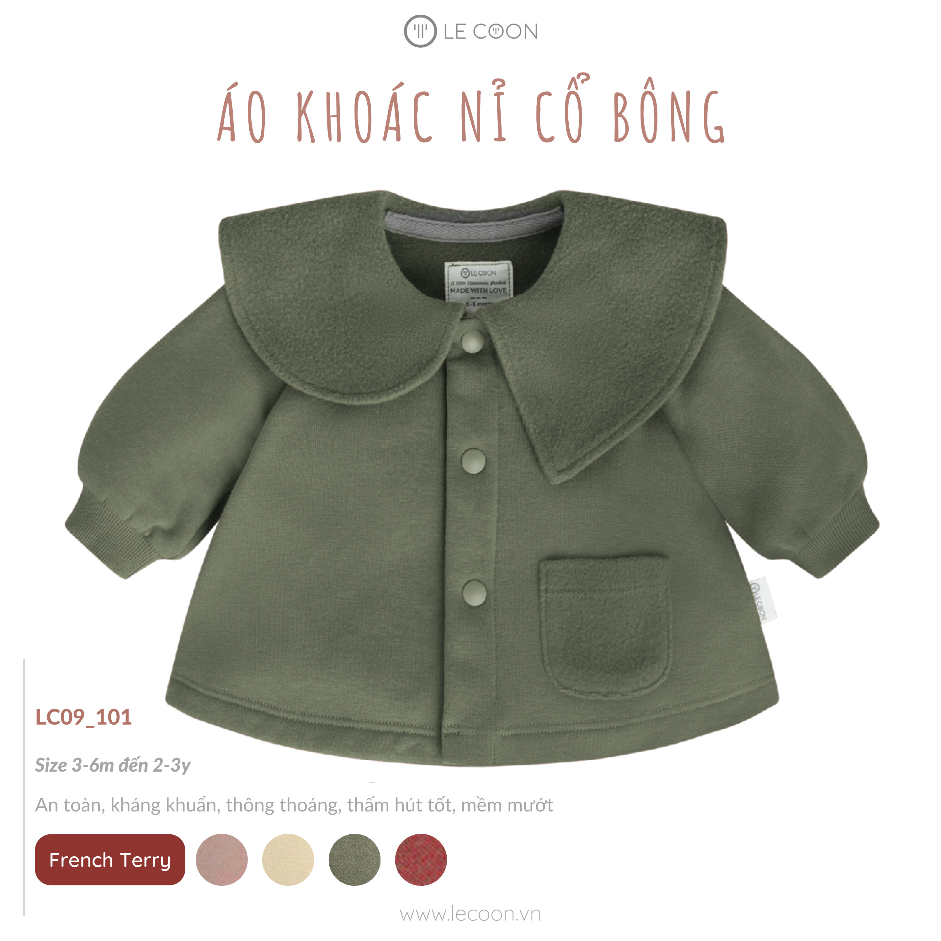 Áo Khoác Nỉ Cổ Bông Le Coon Cho Bé(Size 3-6 Tháng đến 24-36 Tháng)
