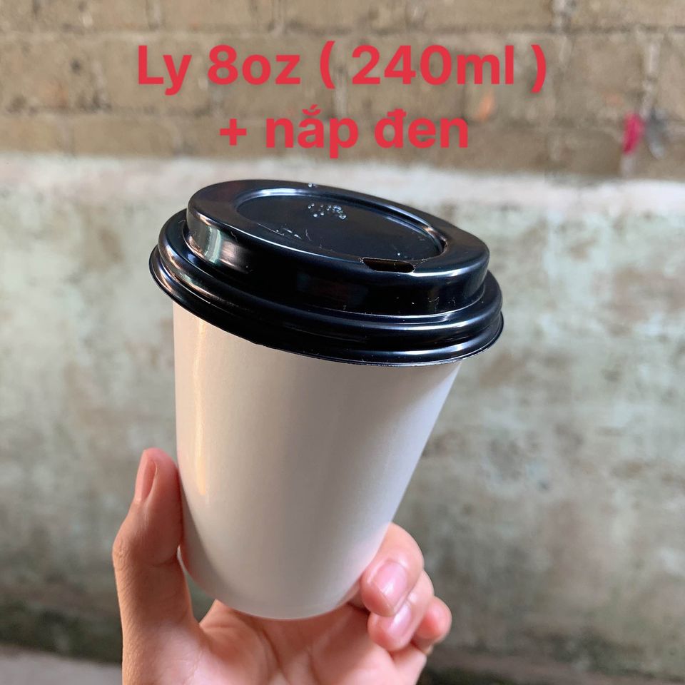 100 Ly giấy 8oz(240ml) trắng + Nắp đen không khóa