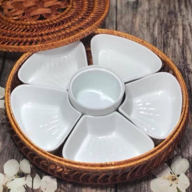 Bộ đĩa 5 cánh hoa đào sứ bát tràng kèm khay