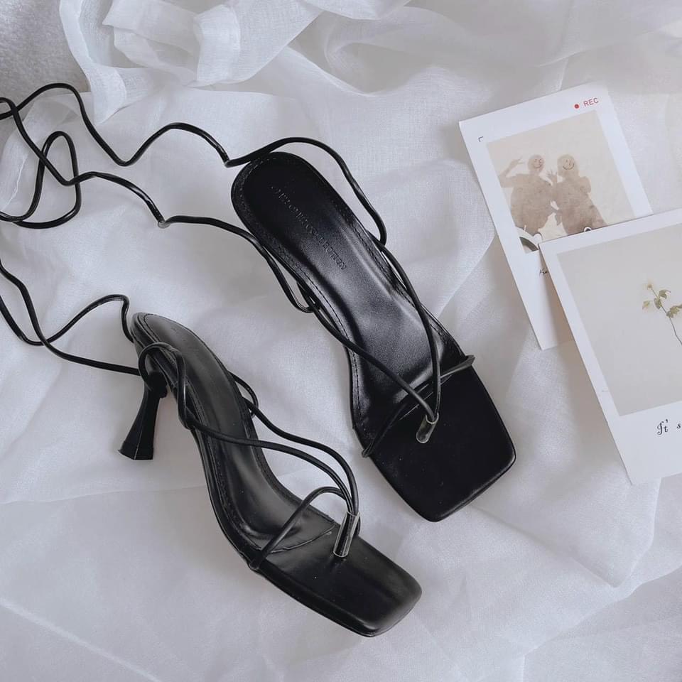 Dép sandal cao gót quai mảnh xỏ ngón buộc dây dài gót nhọn 7cm- G881