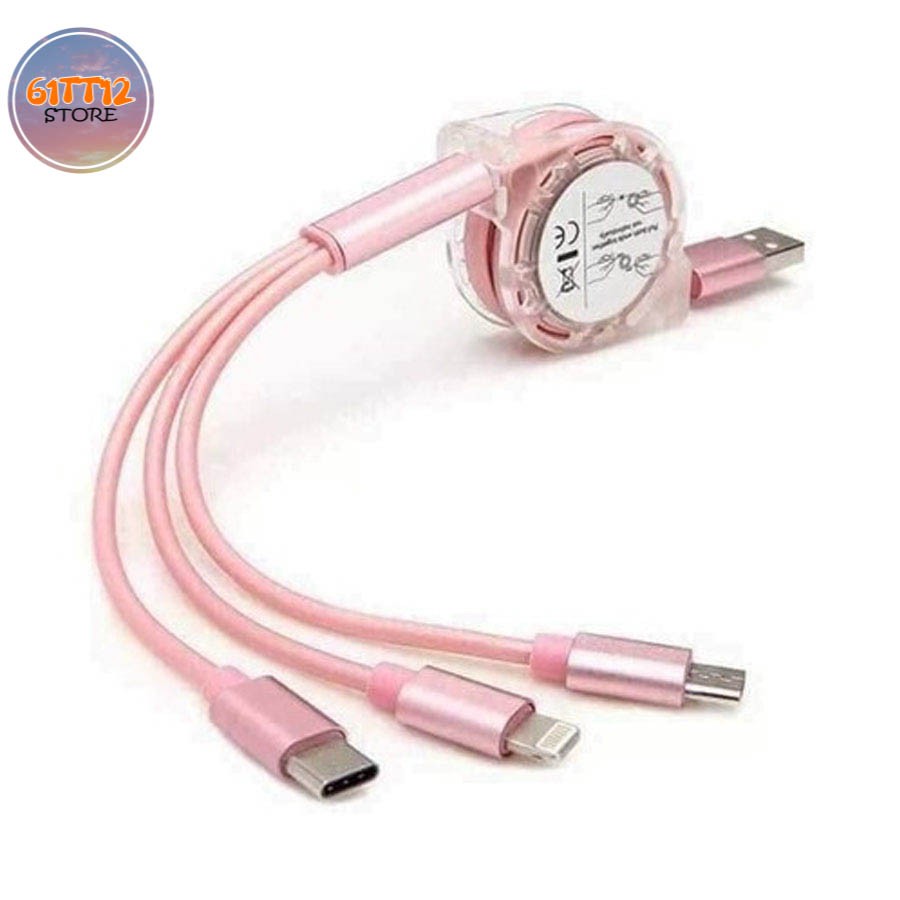 Cáp Sạc Điện Thoại Dây Kéo Cuộn Tròn 3 Đầu Lightning, TypeC, Micro USB