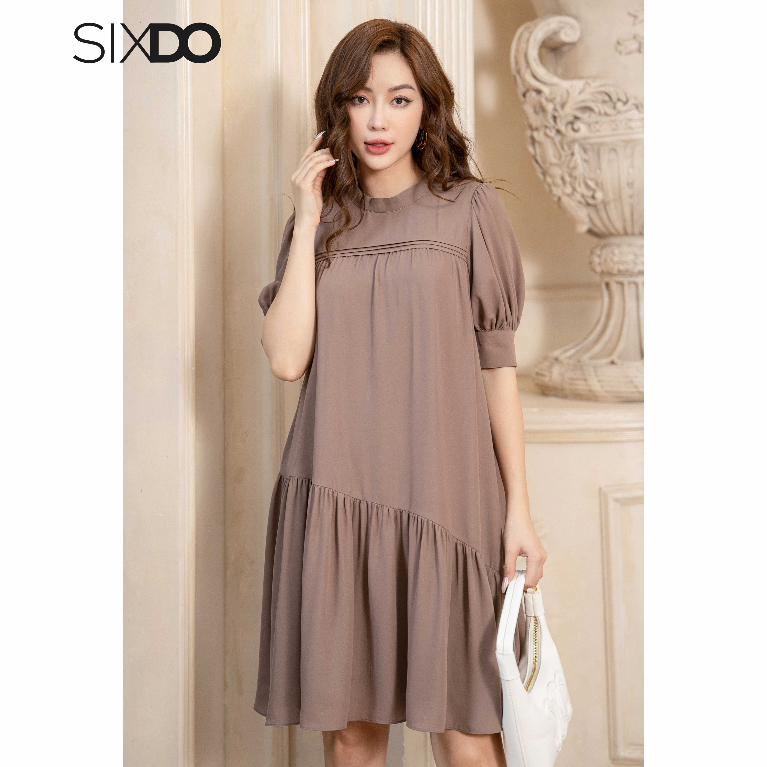 Đầm suông chiffon cổ tròn SIXDO (Grayish Brown Midi Chiffon Dress)