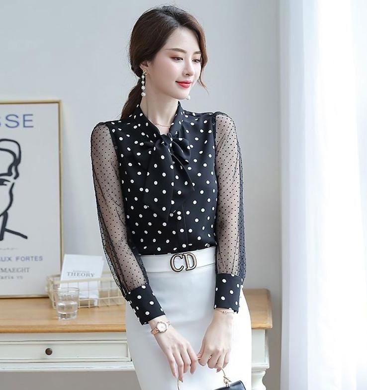 ÁO SƠ MI NỮ CHẤM BI TAY PHỐI LƯỚI CAO CẤP