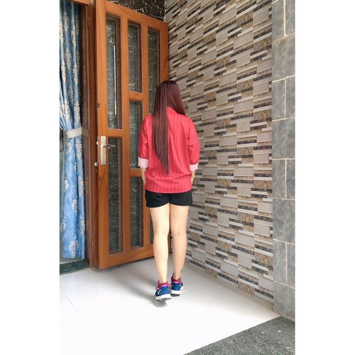 Áo sơ mi oversize nữ sọc đỏ
