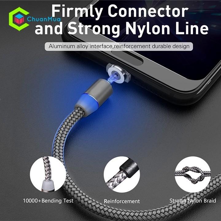 Cáp sạc từ hít nam châm 3 đầu Android và iPhone 360 độ dây dù