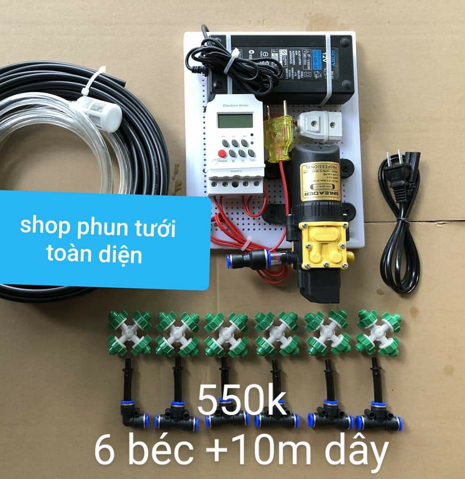 [Đã ráp sẵn] Bộ phun sương tự động bơm đơn, đôi 6 - 20 béc 4 hướng (hẹn giờ, smart wifi bằng điện thoại) Sinleader tưới cây, tưới lan, tưới rau làm mát mái nhà cho giàn lan 10 30m2