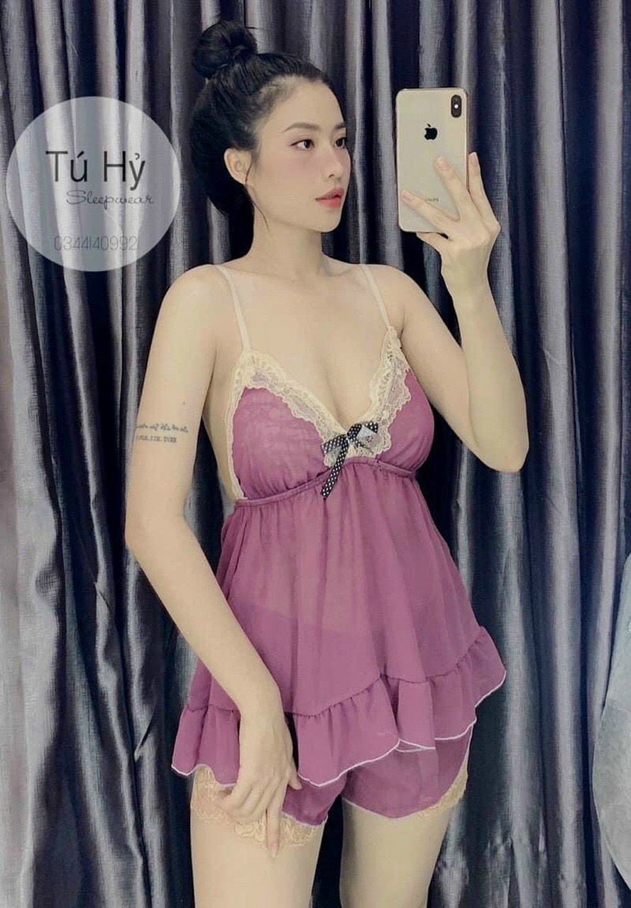SÉT BỘ NGỦ VOAN LỤA SEXY PHỐI REN - CÓ MÚT NGỰC